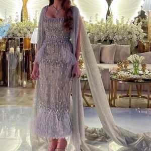 Feather Beaded Grey Cape Gown Silver (Sz M)